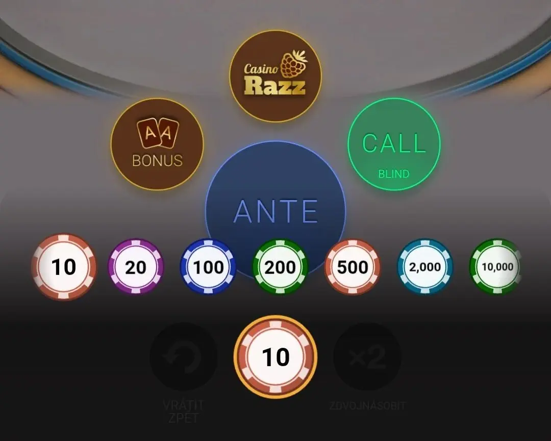 Sázkové možnosti a hodnoty žetonů ve hře Casino Razz Herní rozhraní sázkové obrazovky v Casino Razz s žetony a možnostmi sázek